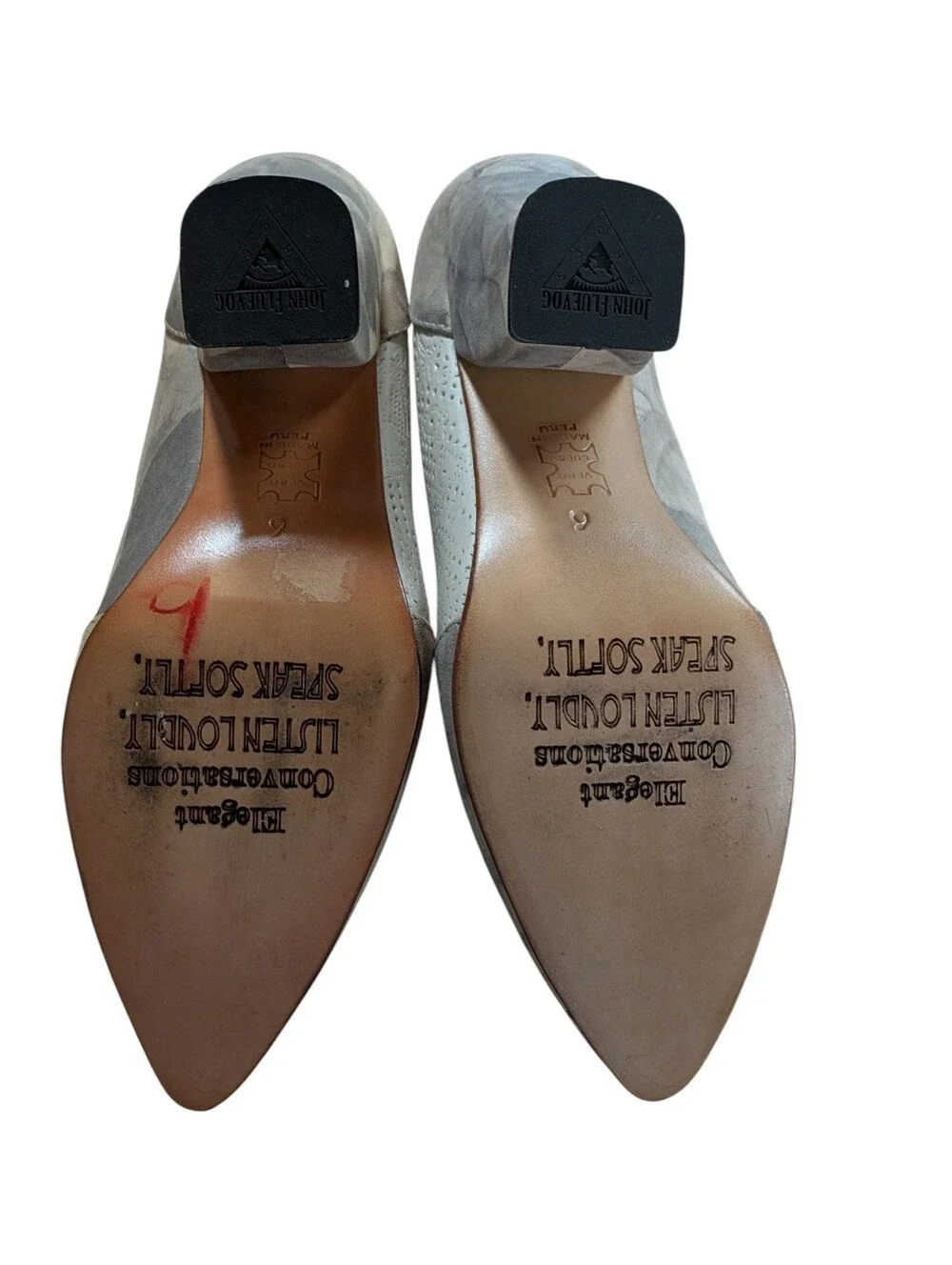 John Fluevog Kendra Beige Grey Floral Pointed Toe Leather Heels Size 6